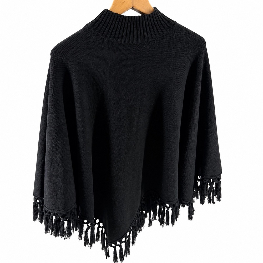 Maggy London Knits Black Wool Blend Fringe Mock Neck Poncho Sweater- Large